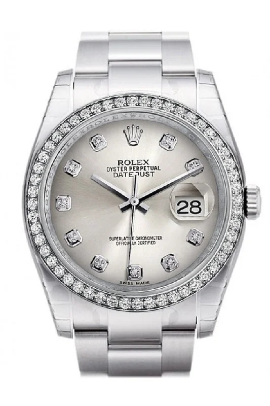 Rolex Datejust 36 Silver Diamonds Dial 18k White Gold Diamond BezelMen's Watch 116244 Pre-owned