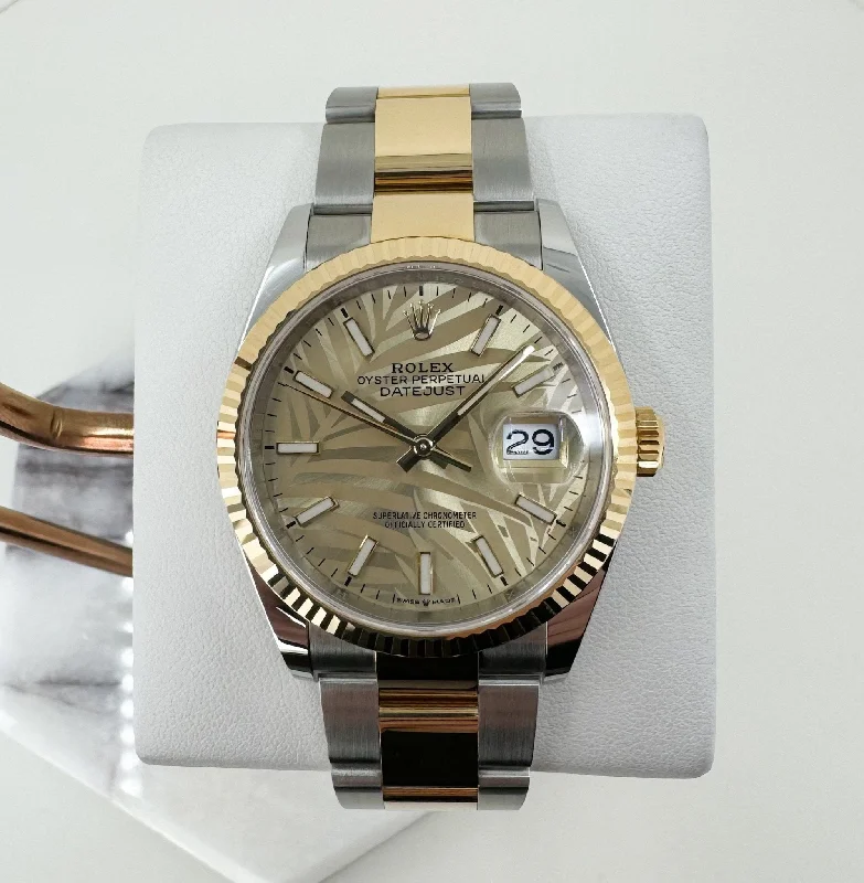 Rolex Datejust 36 Yellow Gold/Steel Golden Palm Motif Index Dial Fluted Bezel Oyster Bracelet 126233