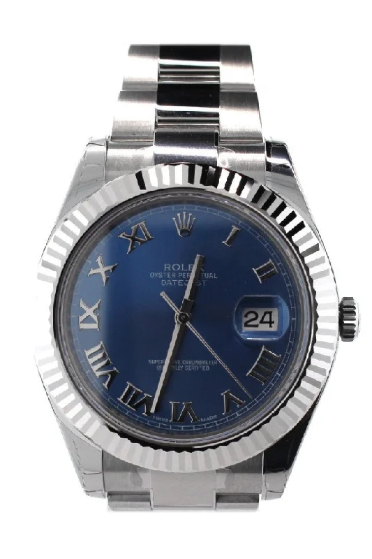 ROLEX Datejust II 41 Blue Roman Dial 18kt White Gold Fluted Bezel Men's Watch 116334 Pre-owned