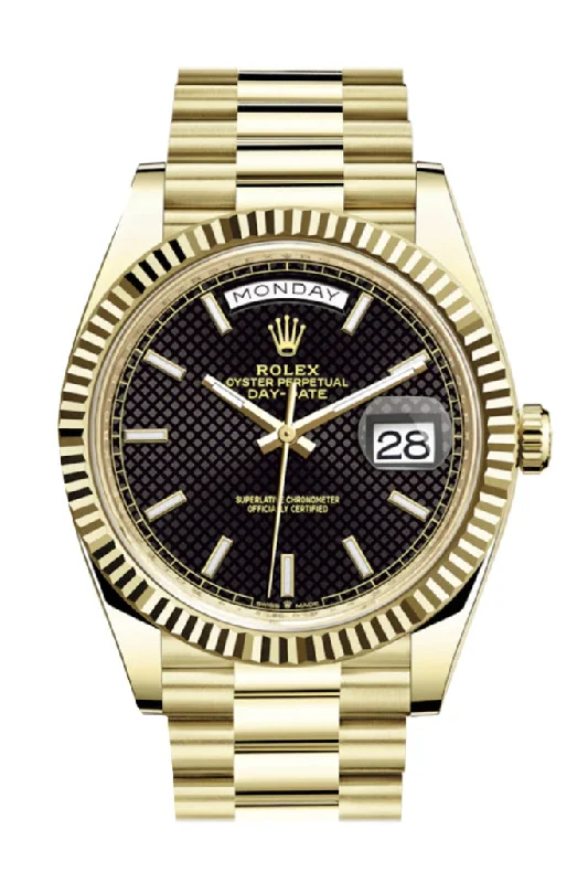 Rolex Day Date 40 Black Diagonal Motif Dial 18K Yellow Gold Fluted Bezel President Mens Watch 228238 DC