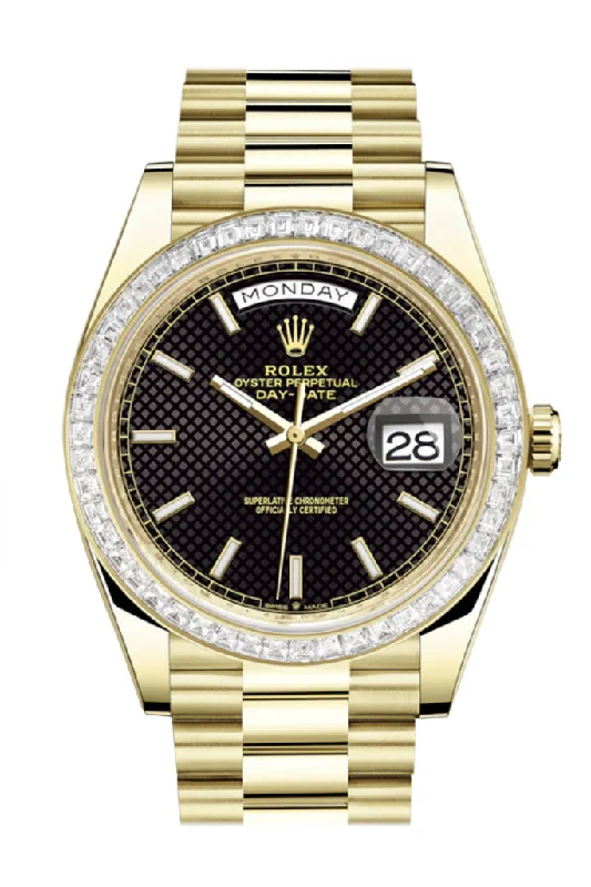 Rolex Day-Date 40 Black Motif Dial 40 Baguette Diamond Bezel 18K Yellow Gold President Automatic Men's Watch 228398TBR 228398