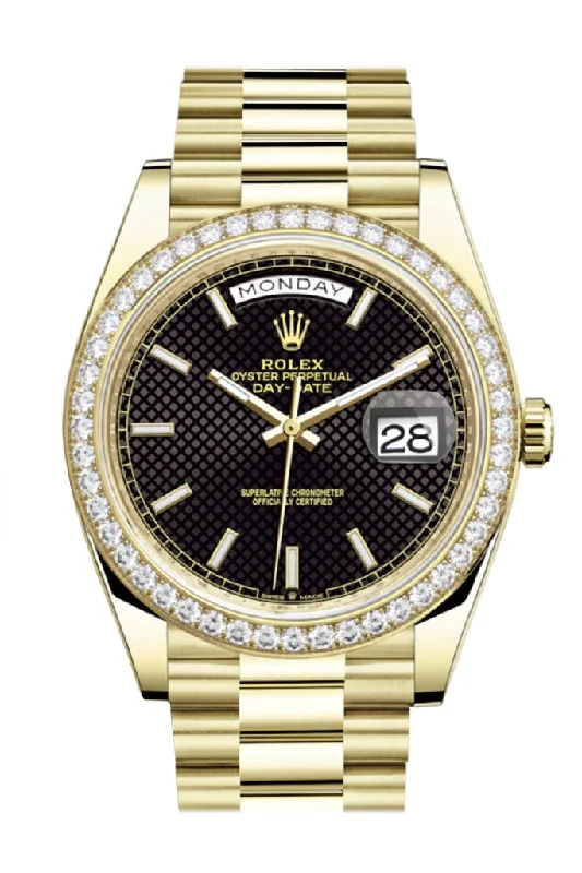 Rolex Day-Date 40 Black Motif Dial Diamond Bezel 18K Yellow Gold President Men's Watch 228348RBR DC