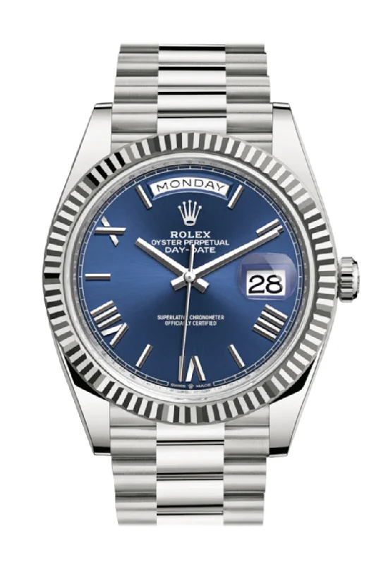 Rolex Day-Date 40 Blue Roman Dial Fluted Bezel White Gold President Automatic Men's Watch 228239