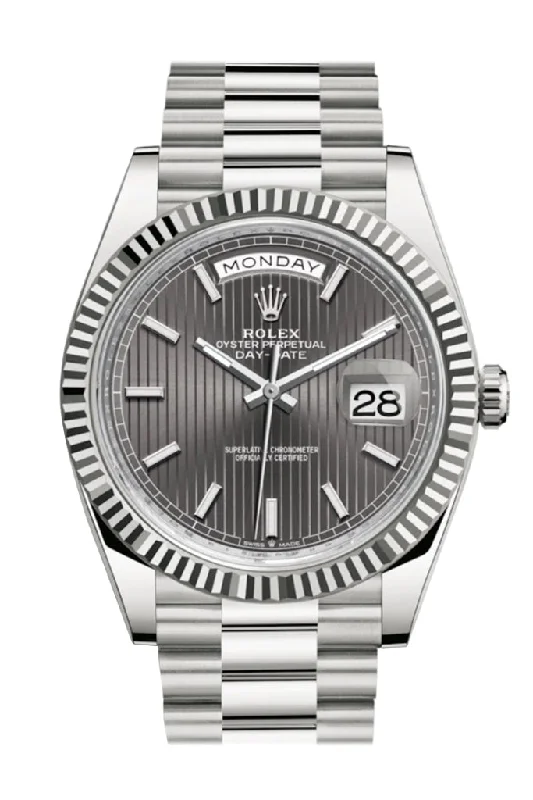 Rolex Day-Date 40 Dark Rhodium Stripe Motif Dial Fluted Bezel White Gold President Automatic Men's Watch 228239 DC