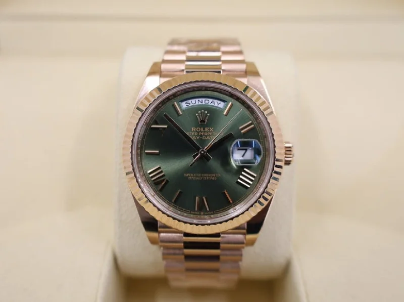 Rolex Day-Date 40 Rose Gold Olive Green Roman Dial & Fluted Bezel President Bracelet 228235 -