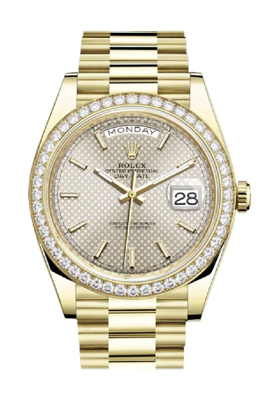 Rolex Day-Date 40 Silver Motif Dial Diamond Bezel 18K Yellow Gold President Men's Watch 228348RBR DC