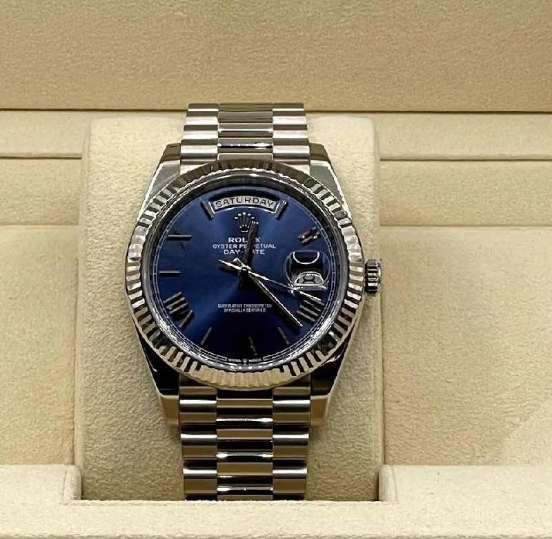 Rolex Day-Date 40 White Gold Blue Roman Dial & Fluted Bezel President Bracelet 228239 -