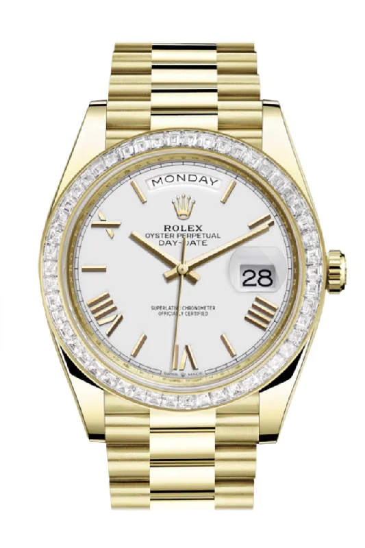 Rolex Day-Date 40 White Roman Dial 40 Baguette Diamond Bezel 18K Yellow Gold President Automatic Men's Watch 228398TBR  228398