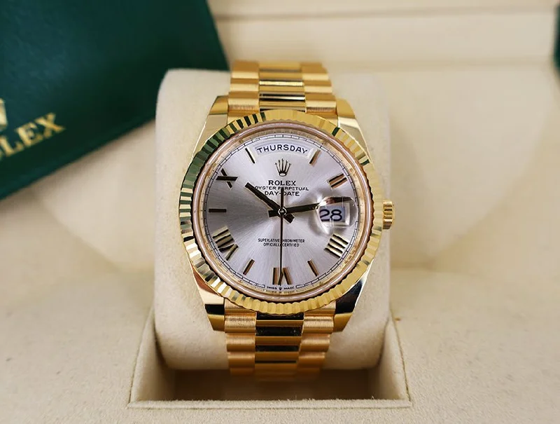 Rolex Day-Date 40 Yellow Gold Silver Roman Dial & Fluted Bezel President Bracelet 228238 -