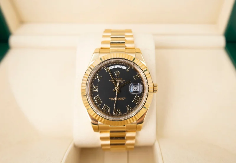 Rolex Day-Date II Yellow Gold 41mm Black Roman Fluted President Bracelet 218238