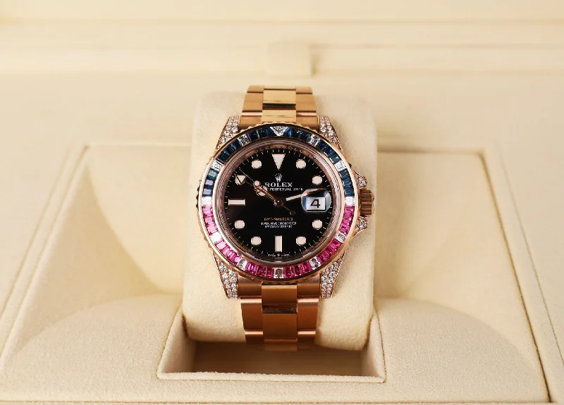 Rolex Everose GMT-Master II 40 Watch - Diamond Lugs - Diamond Sapphire Emerald Bezel - Black Dial - Oyster Bracelet - 126755SARU bk