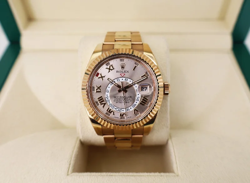 Rolex Everose Gold Sky-Dweller Watch - Sundust Sunray Roman Dial - Oyster Bracelet - 326935 su