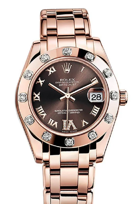 ROLEX Pearlmaster 34 Chocolate set with Diamonds Set On VI Dial Pearlmaster 18K Rose Gold Watch 81315