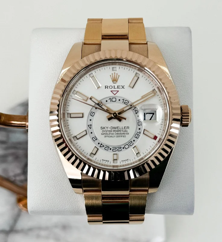 Rolex Sky-Dweller Rose Gold White Index Dial Fluted Bezel Oyster Bracelet 326935