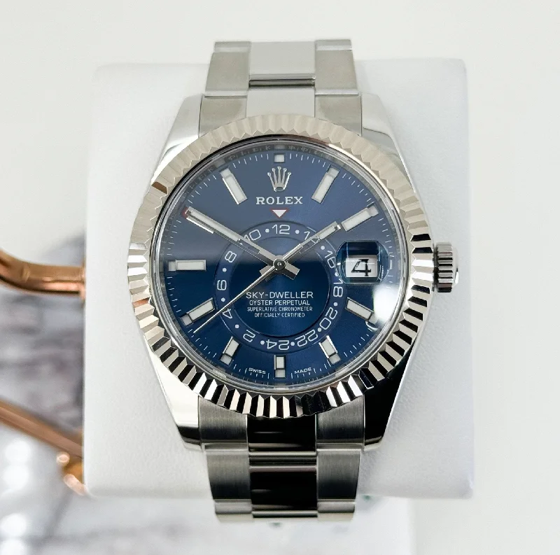 Rolex Sky-Dweller Stainless Steel Blue Index Dial Fluted White Gold Bezel Oyster Bracelet 326934