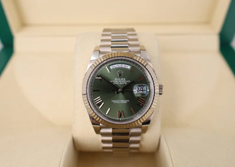 Rolex White Gold Day-Date 40 Watch - Fluted Bezel - Olive Green Bevelled Roman Dial - President Bracelet - 228239 ogrp