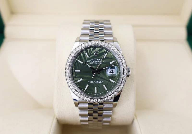 Rolex White Rolesor Datejust 36 Watch - Diamond Bezel - Olive Green Palm Motif Index 6 Dial - Jubilee Bracelet - 126284rbr ogpmij