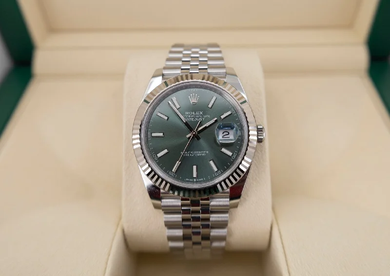 Rolex White Rolesor Datejust 41 Watch - Fluted Bezel - Mint Green Index Dial - Jubilee Bracelet - 126334