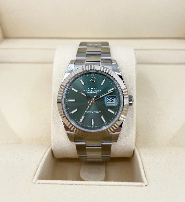 Rolex White Rolesor Datejust 41 Watch - Fluted Bezel - Mint Green Index Dial - Oyster Bracelet - 126334